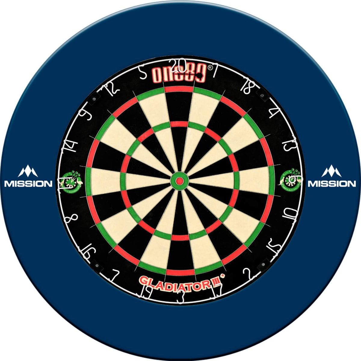 Surrounds &amp; Dartboards - Mission - Printed Dartboard Surround &amp; Dartboard Bundle - Choose Your Board Blue / One80 - Gladiator 3+