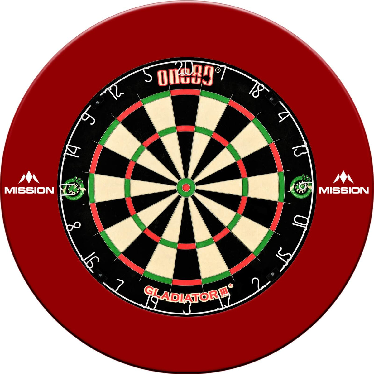 Surrounds &amp; Dartboards - Mission - Printed Dartboard Surround &amp; Dartboard Bundle - Choose Your Board Red / One80 - Gladiator 3+