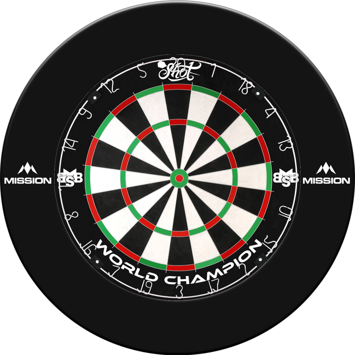 Surrounds &amp; Dartboards - Mission - Printed Dartboard Surround &amp; Dartboard Bundle - Choose Your Board Black / Shot - Michael Smith