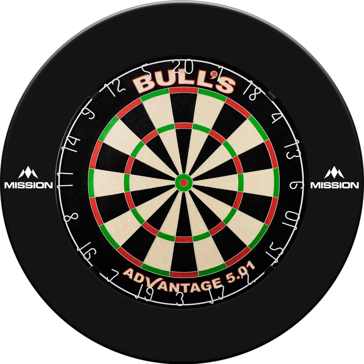 Surrounds &amp; Dartboards - Mission - Printed Dartboard Surround &amp; Dartboard Bundle - Choose Your Board Black / Bulls NL - Advantage 501