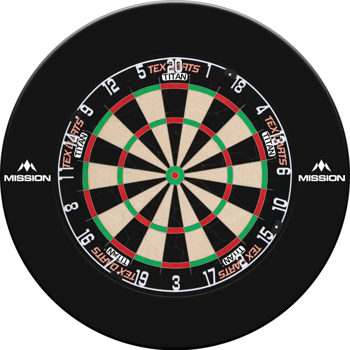 Surrounds &amp; Dartboards - Mission - Printed Dartboard Surround &amp; Dartboard Bundle - Choose Your Board Black / Tex Darts - Titan