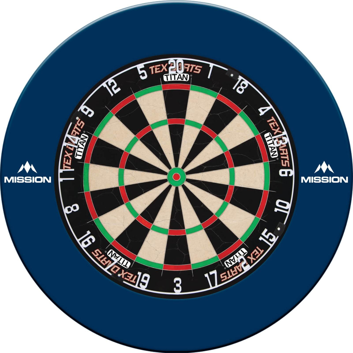 Surrounds &amp; Dartboards - Mission - Printed Dartboard Surround &amp; Dartboard Bundle - Choose Your Board Blue / Tex Darts - Titan