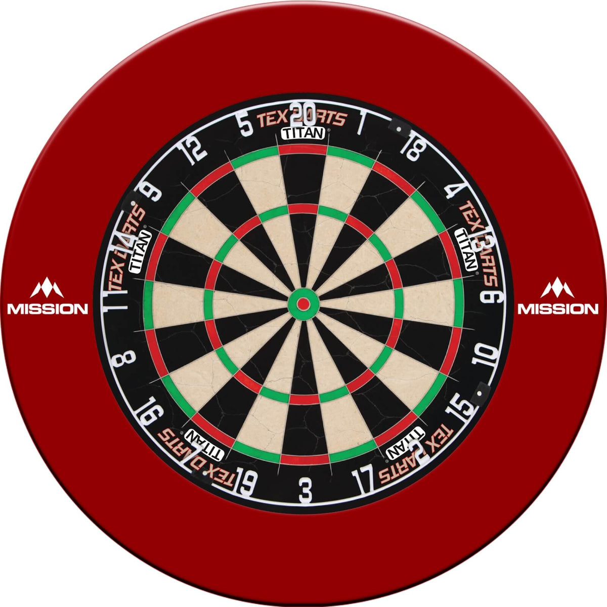 Surrounds &amp; Dartboards - Mission - Printed Dartboard Surround &amp; Dartboard Bundle - Choose Your Board Red / Tex Darts - Titan