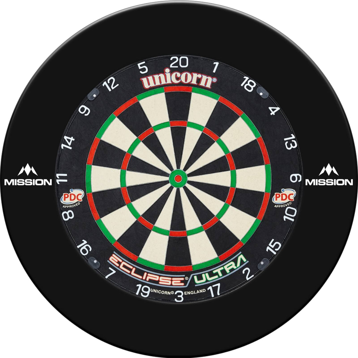 Surrounds &amp; Dartboards - Mission - Printed Dartboard Surround &amp; Dartboard Bundle - Choose Your Board Black / Unicorn - Eclipse Ultra