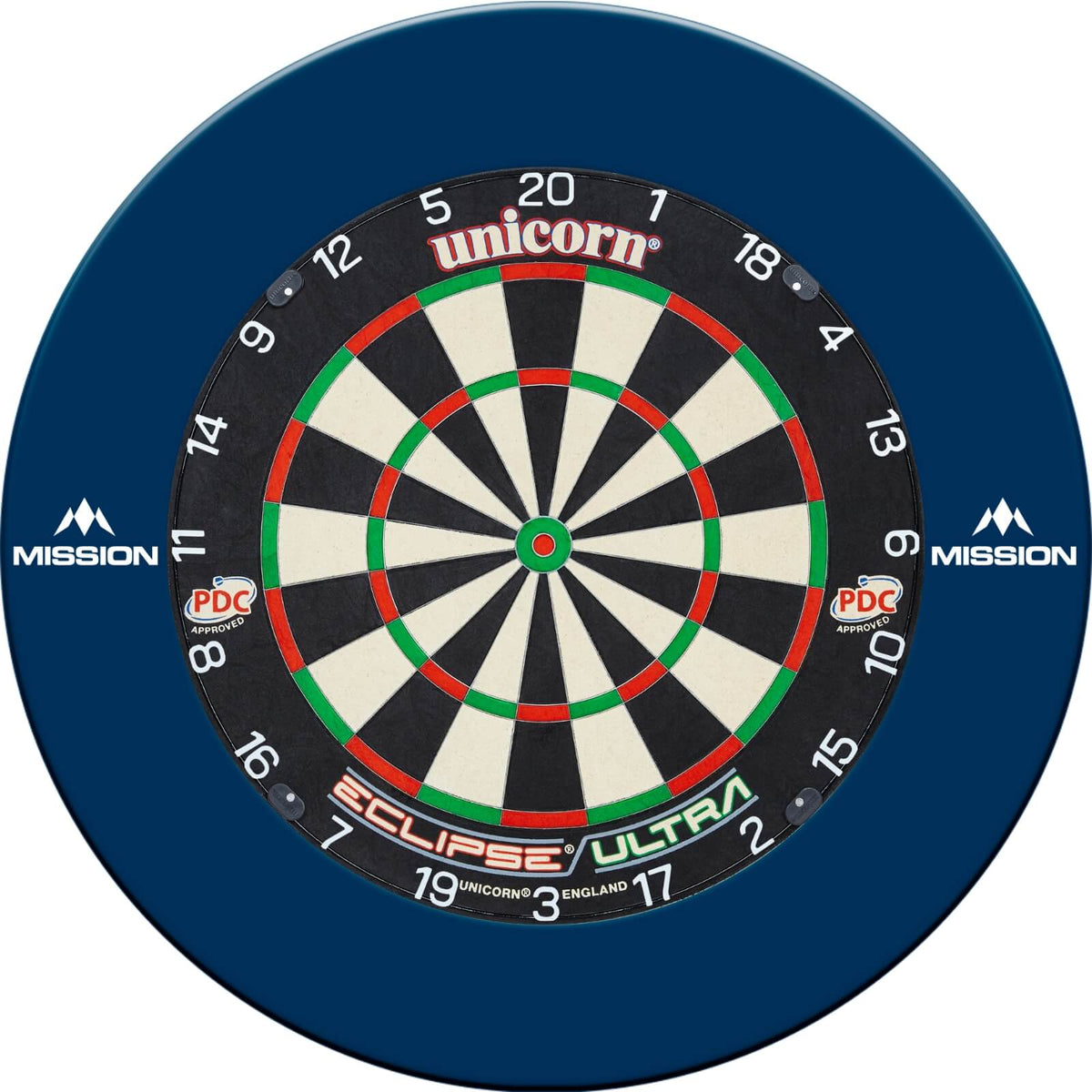 Surrounds &amp; Dartboards - Mission - Printed Dartboard Surround &amp; Dartboard Bundle - Choose Your Board Blue / Unicorn - Eclipse Ultra