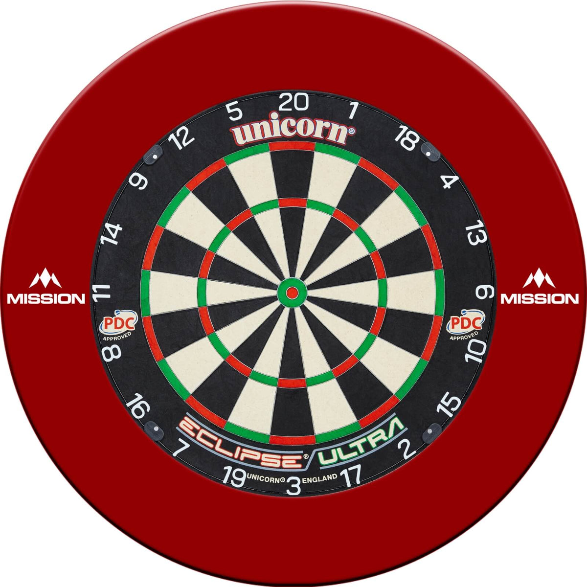 Surrounds &amp; Dartboards - Mission - Printed Dartboard Surround &amp; Dartboard Bundle - Choose Your Board Red / Unicorn - Eclipse Ultra