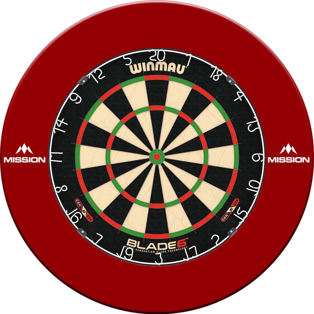 Surrounds &amp; Dartboards - Mission - Printed Dartboard Surround &amp; Dartboard Bundle - Choose Your Board Red / Winmau - Blade 6