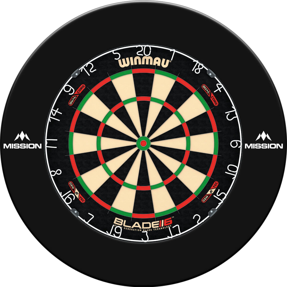 Surrounds &amp; Dartboards - Mission - Printed Dartboard Surround &amp; Dartboard Bundle - Choose Your Board Black / Winmau - Blade 6 Dual Core