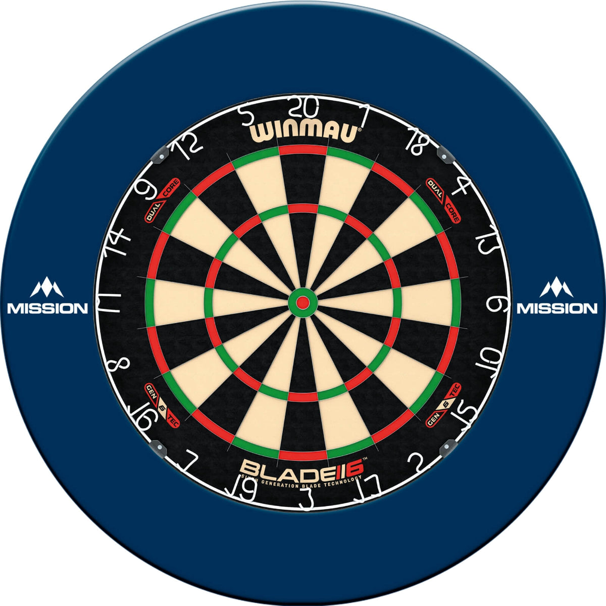 Surrounds &amp; Dartboards - Mission - Printed Dartboard Surround &amp; Dartboard Bundle - Choose Your Board Blue / Winmau - Blade 6 Dual Core