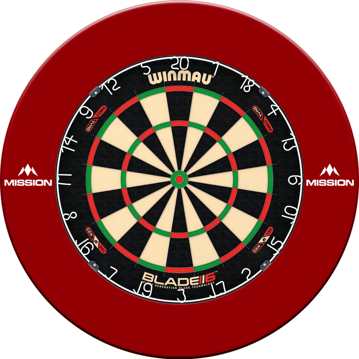 Surrounds &amp; Dartboards - Mission - Printed Dartboard Surround &amp; Dartboard Bundle - Choose Your Board Red / Winmau - Blade 6 Dual Core