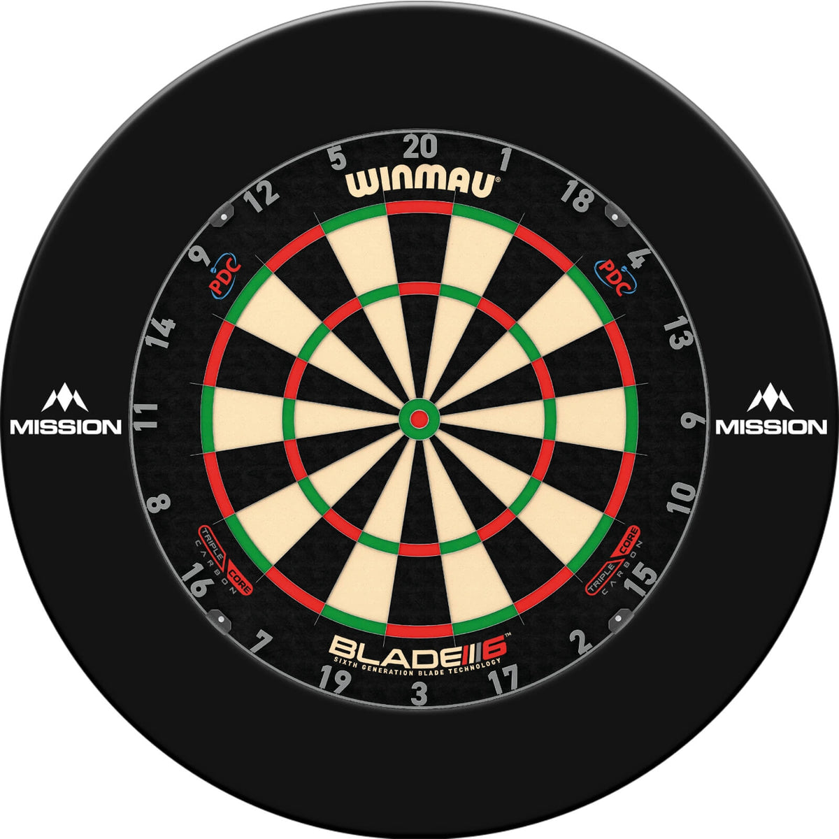 Surrounds &amp; Dartboards - Mission - Printed Dartboard Surround &amp; Dartboard Bundle - Choose Your Board Black / Winmau - Blade 6 Triple Core
