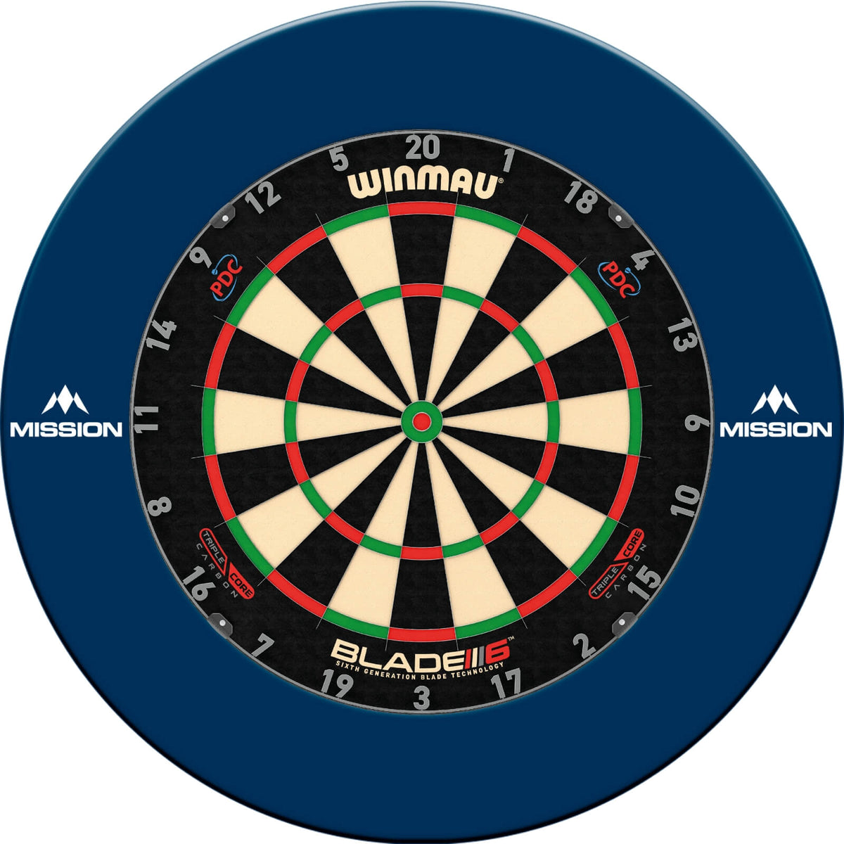 Surrounds &amp; Dartboards - Mission - Printed Dartboard Surround &amp; Dartboard Bundle - Choose Your Board Blue / Winmau - Blade 6 Triple Core