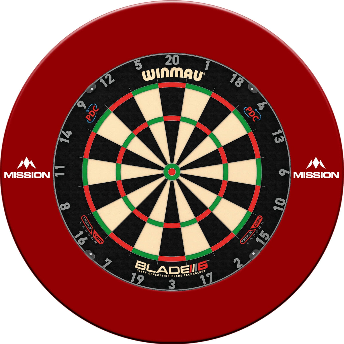 Surrounds &amp; Dartboards - Mission - Printed Dartboard Surround &amp; Dartboard Bundle - Choose Your Board Red / Winmau - Blade 6 Triple Core