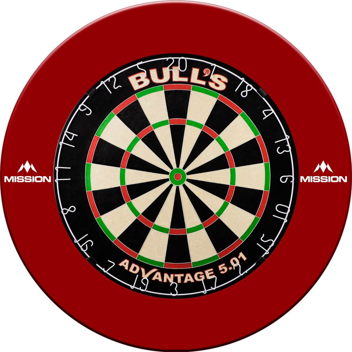 Surrounds &amp; Dartboards - Mission - Printed Dartboard Surround &amp; Dartboard Bundle - Choose Your Board Red / Bulls NL - Advantage 501