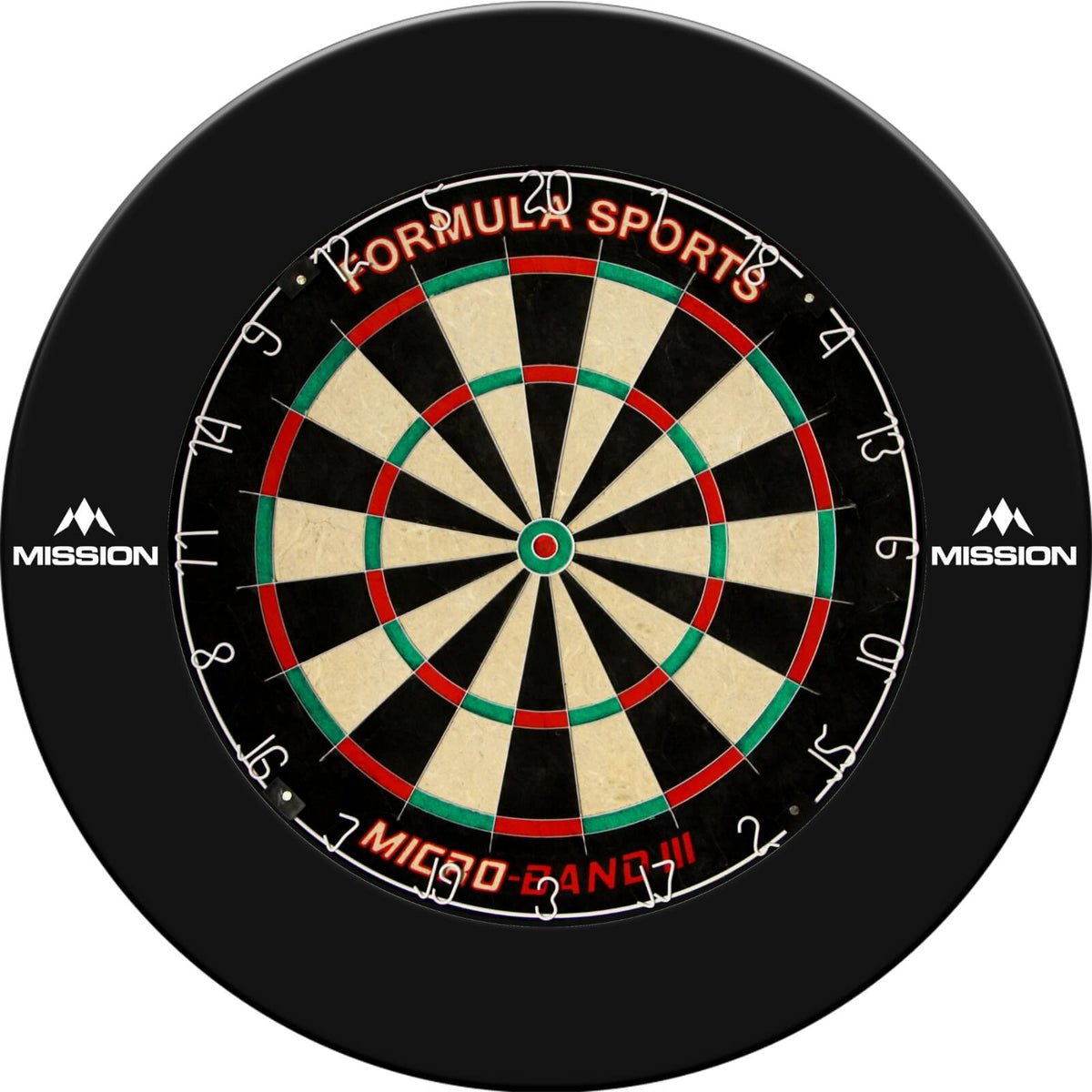 Surrounds &amp; Dartboards - Mission - Printed Dartboard Surround &amp; Dartboard Bundle - Choose Your Board Black / Formula Sports - Micro Band 3
