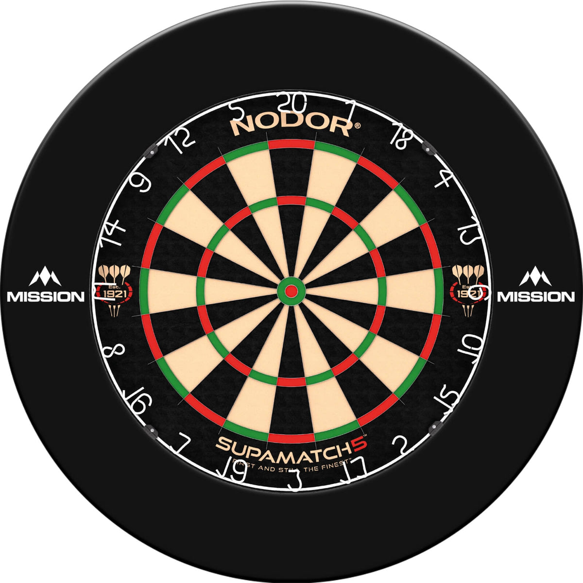 Surrounds &amp; Dartboards - Mission - Printed Dartboard Surround &amp; Dartboard Bundle - Choose Your Board Black / Nodor - Supamatch 5