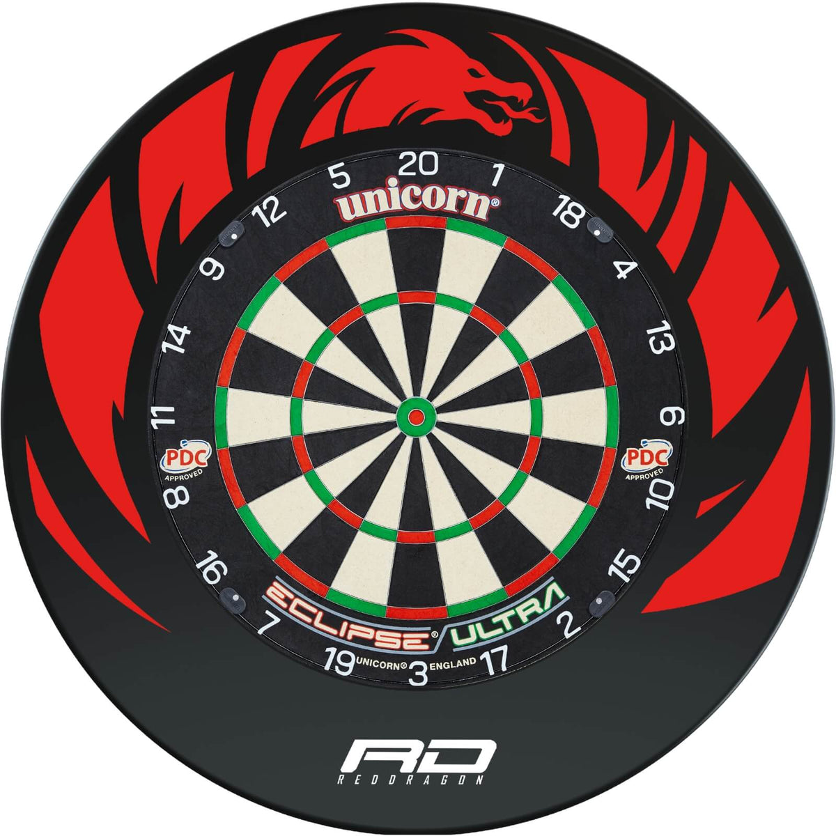 Surrounds &amp; Dartboards - Red Dragon - Dragon Design Dartboard Surround &amp; Dartboard Bundle - Choose Your Board Unicorn - Eclipse Ultra