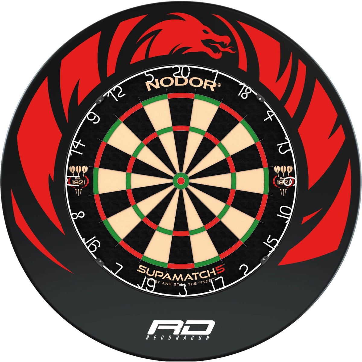 Surrounds &amp; Dartboards - Red Dragon - Dragon Design Dartboard Surround &amp; Dartboard Bundle - Choose Your Board Nodor - Supamatch 5