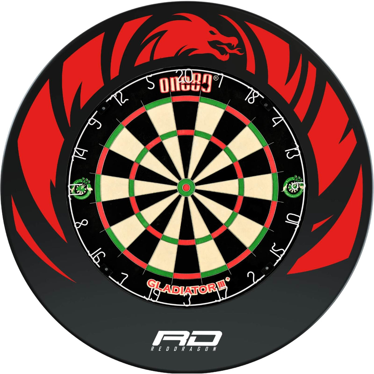Surrounds &amp; Dartboards - Red Dragon - Dragon Design Dartboard Surround &amp; Dartboard Bundle - Choose Your Board One80 - Gladiator 3+