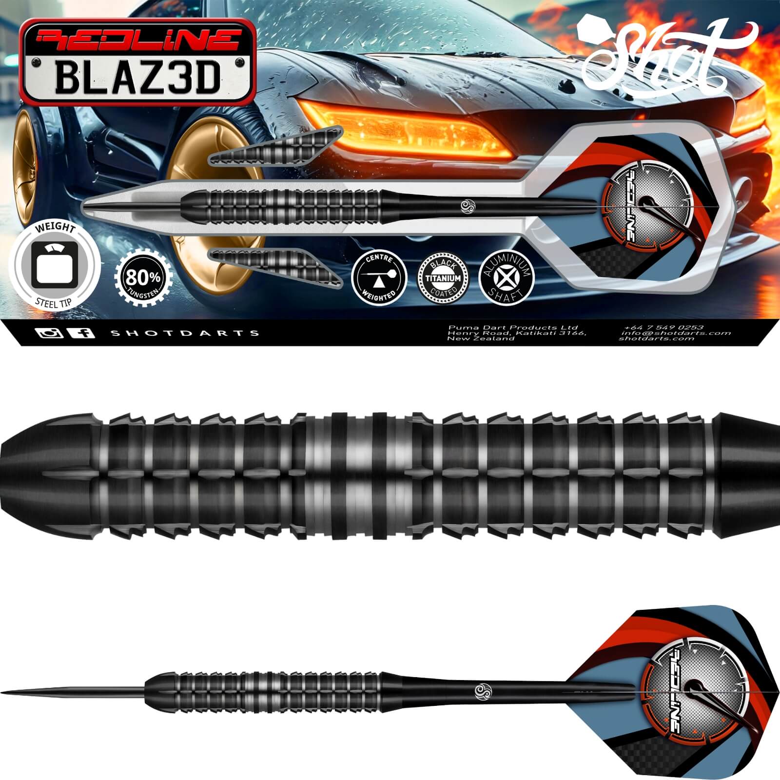 Darts - Shot - Redline BLAZ3D Darts - Steel Tip - 80% Tungsten - 22g 24g 26g 28g 