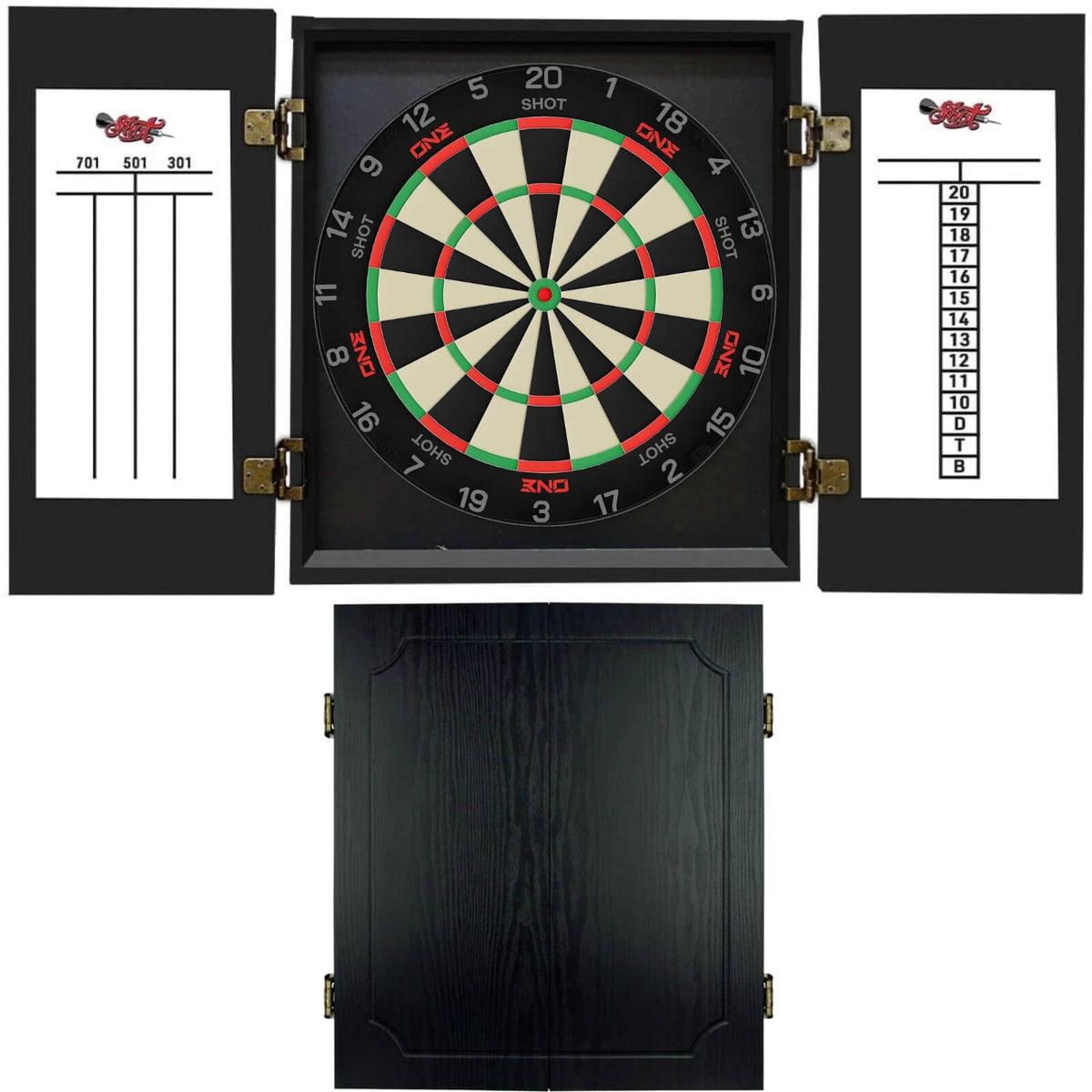 Shot - ONE Dartboard & Quantum Cabinet Bundle