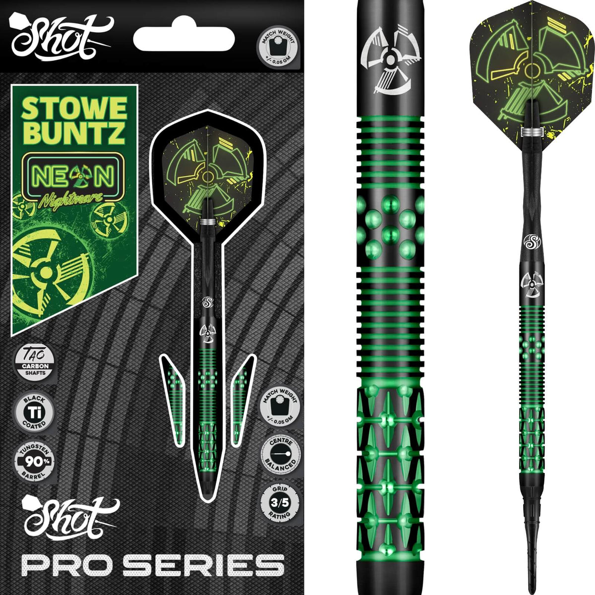 Shot - Stowe Buntz 2.0 Black Ti Darts - Soft Tip - 90% Tungsten - 21g