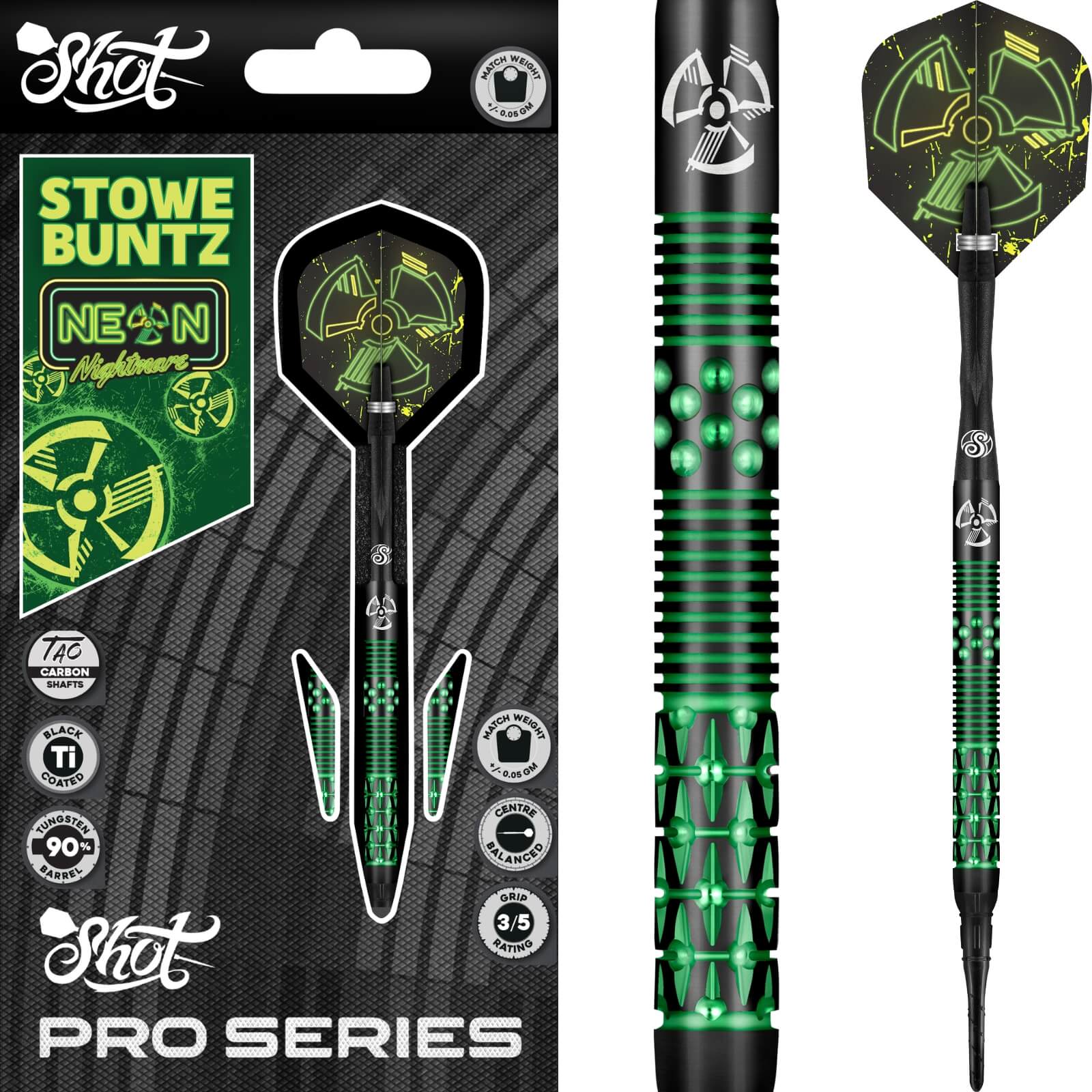 Shot - Stowe Buntz 2.0 Black Ti Darts - Soft Tip - 90% Tungsten - 21g