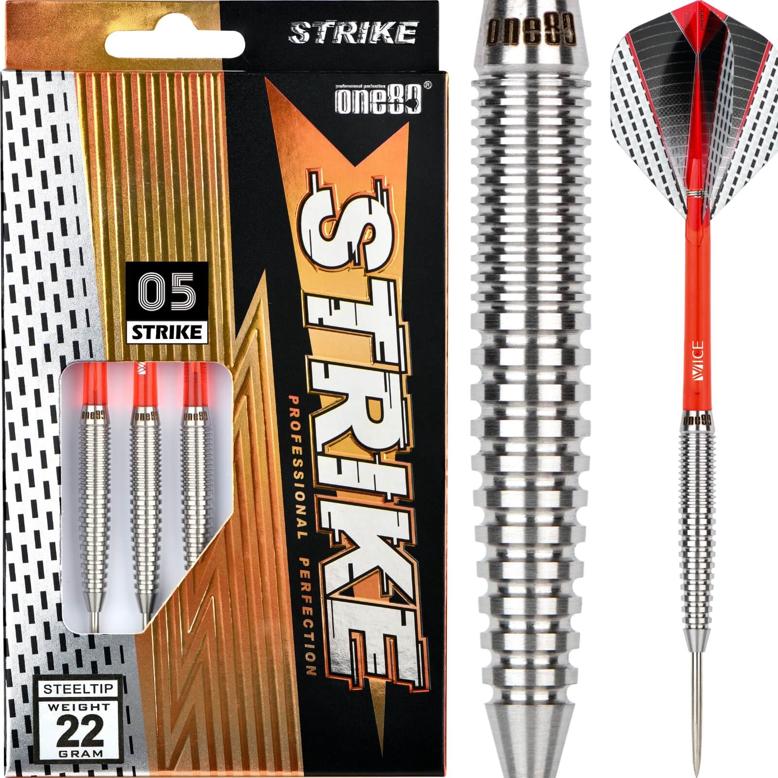 Darts - One80 - Strike 05 Darts - Steel Tip - 80% Tungsten - 22g 24g 