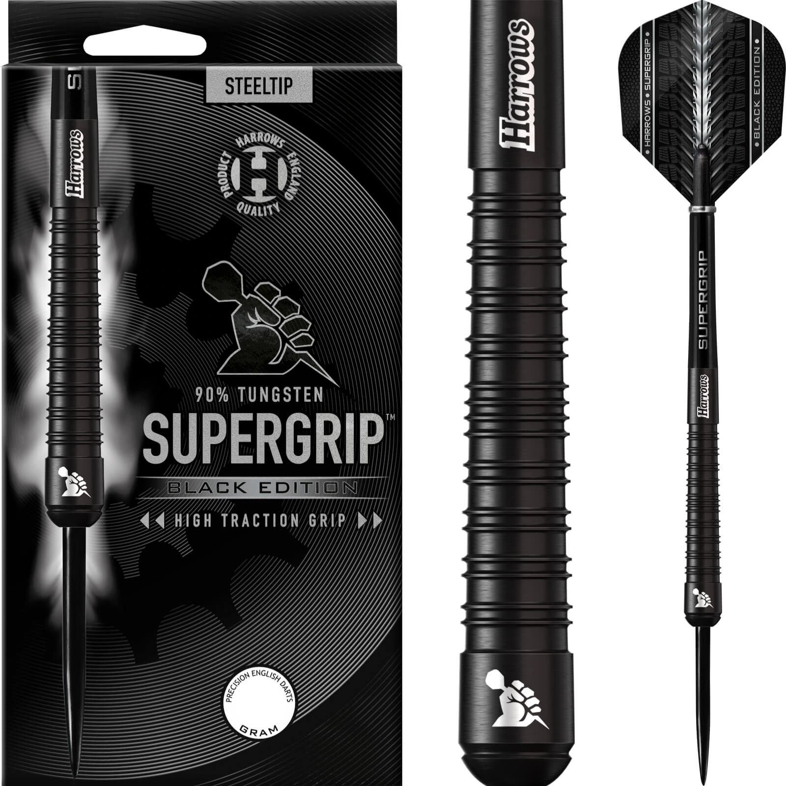 Darts - Harrows - Supergrip Black Edition Darts - Steel Tip - 90% Tungsten - 21g 22g 23g 24g 25g 26g 28g 30g