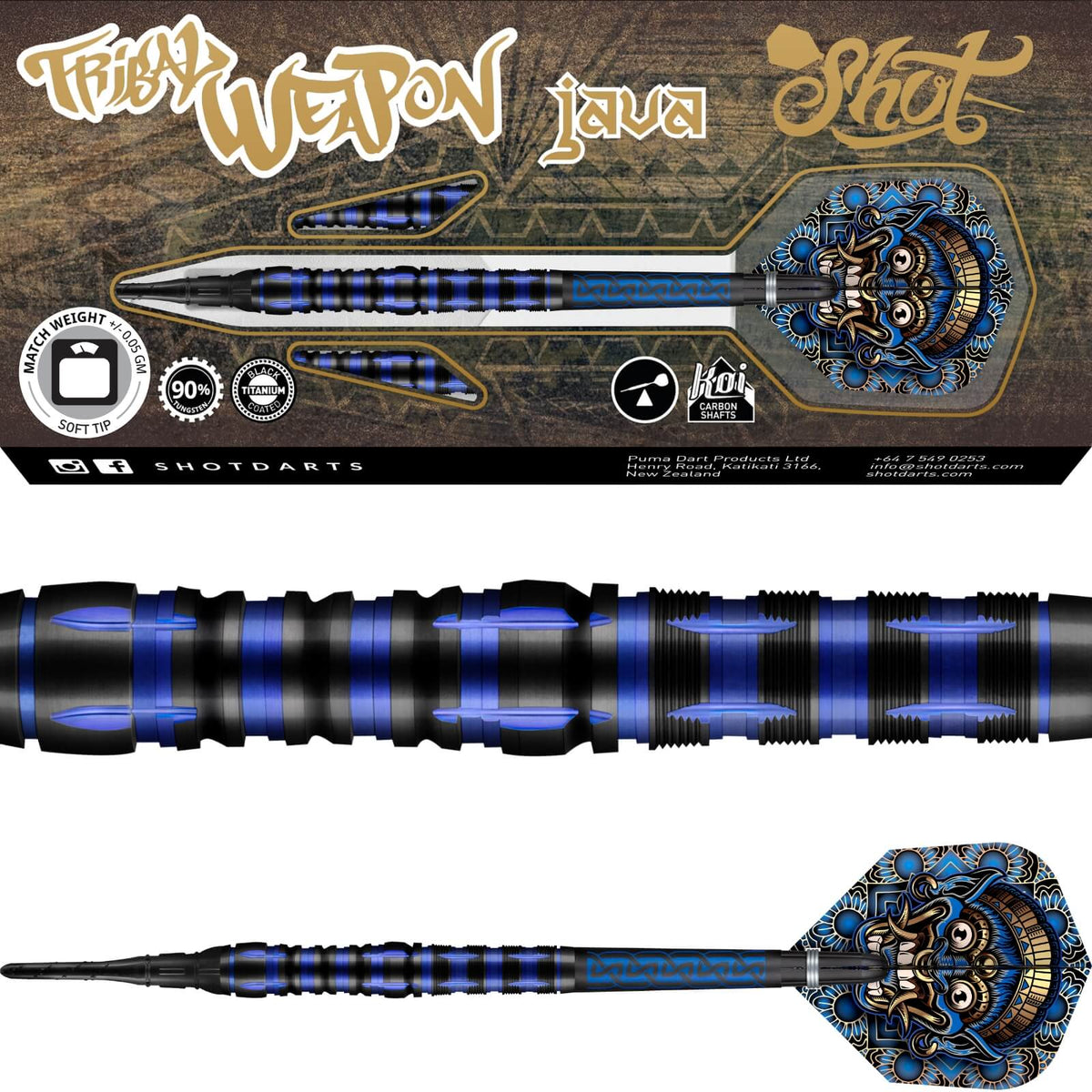 Darts - Shot - Tribal Weapon Java Darts - Soft Tip - 90% Tungsten - 18g 20g