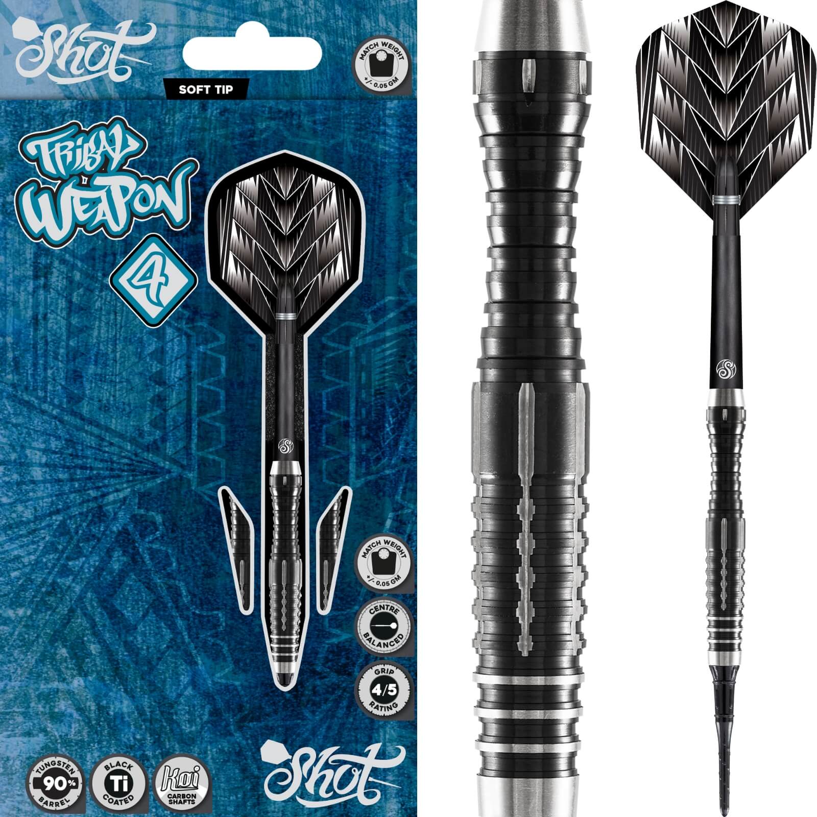 Shot - Tribal Weapon 4 Darts - Soft Tip - 90% Tungsten - 18g 20g