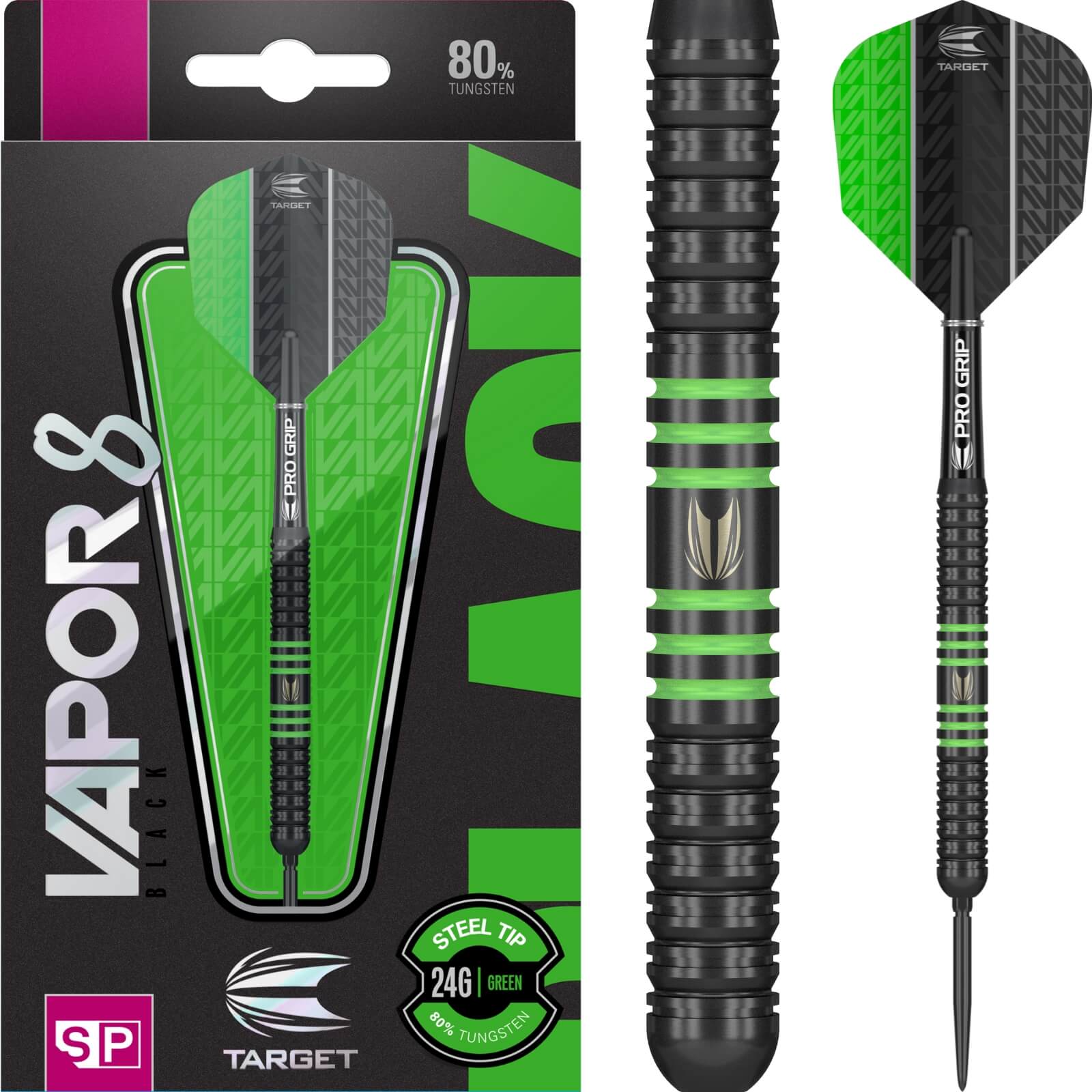 Darts - Target - Vapor 8 Black & Green Darts - Swiss Point - Steel Tip - 80% Tungsten - 22g 24g 26g 