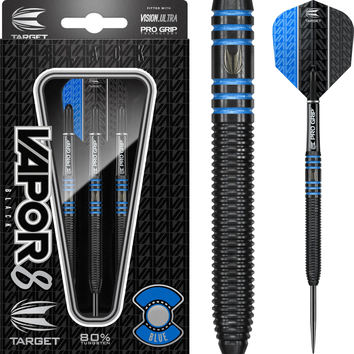 Darts - Target - Vapor 8 Black &amp; Blue Darts - Steel Tip - 80% Tungsten - 22g 24g