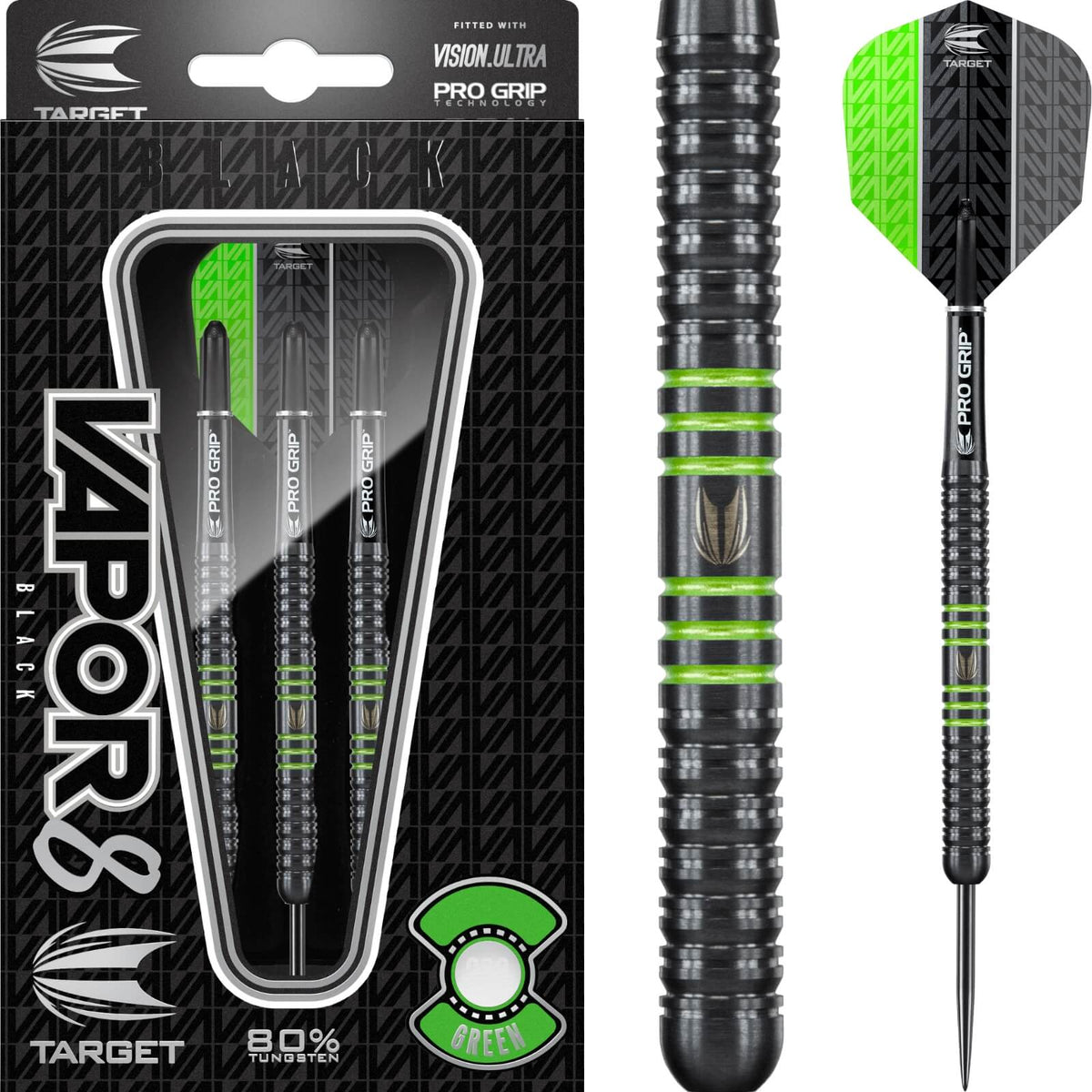 Darts - Target - Vapor 8 Black &amp; Green Darts - Steel Tip - 80% Tungsten - 21g 23g