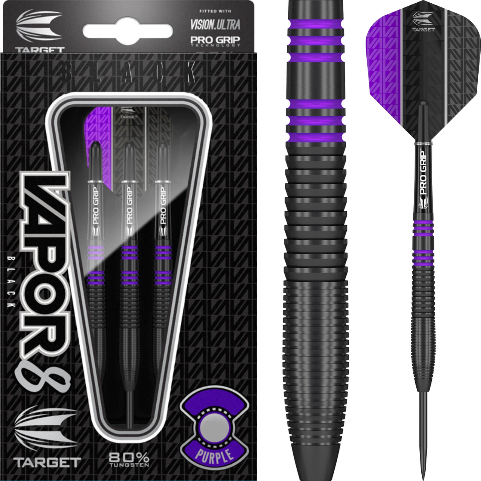 Darts - Target - Vapor 8 Black & Purple Darts - Steel Tip - 80% Tungsten - 21g 23g