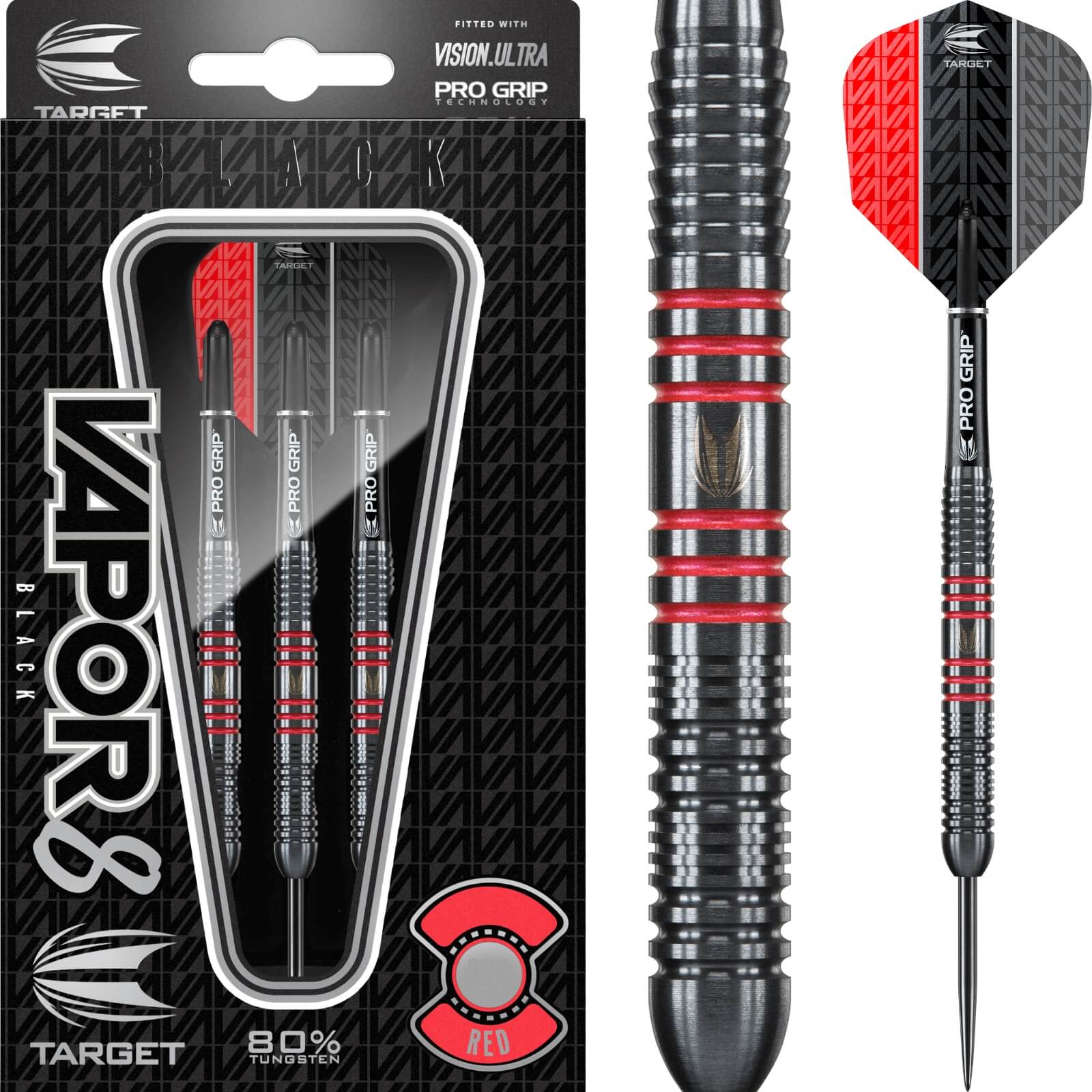 Darts - Target - Vapor 8 Black & Red Darts - Steel Tip - 80% Tungsten - 23g 25g