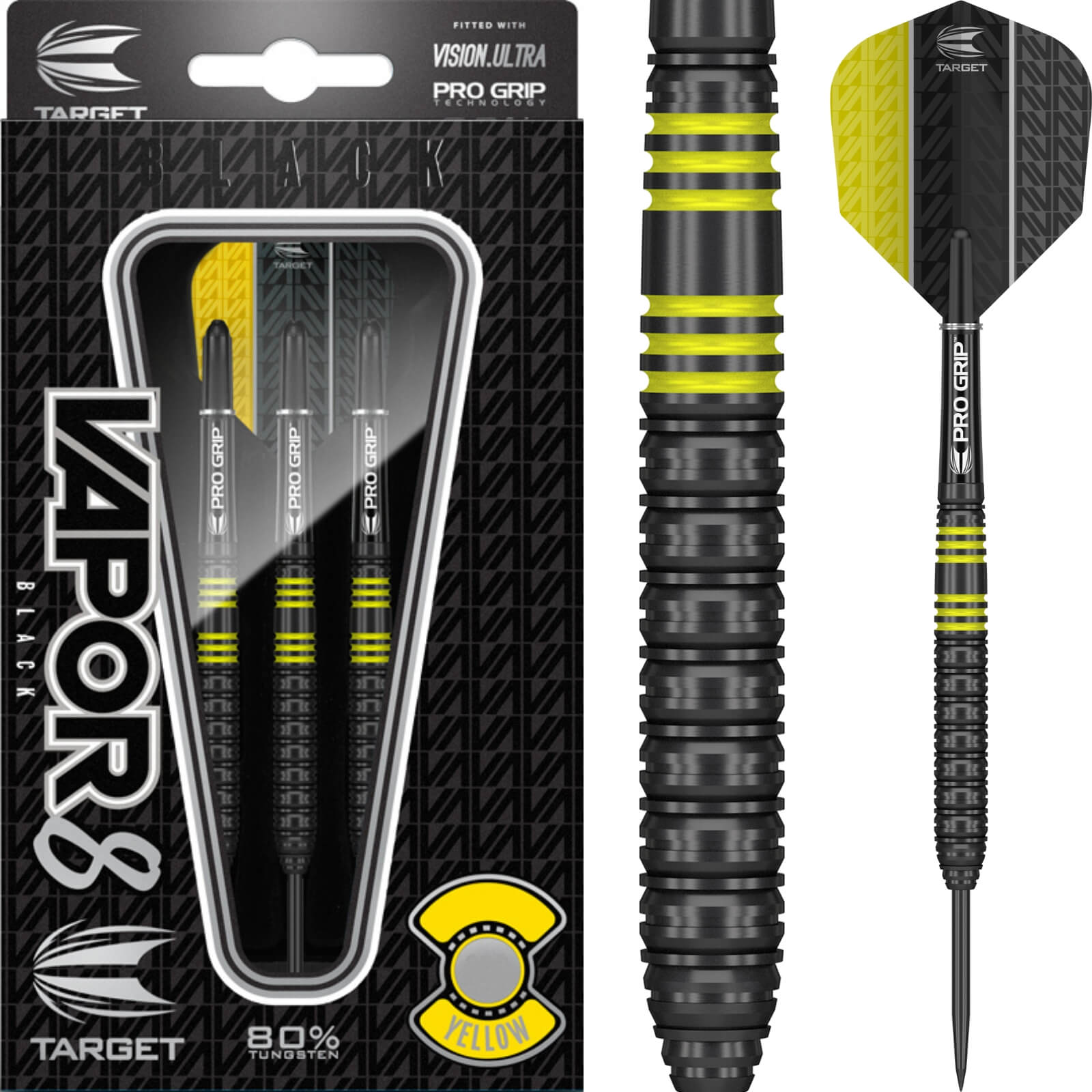 Darts - Target - Vapor 8 Black & Yellow Darts - Steel Tip - 80% Tungsten - 22g 24g