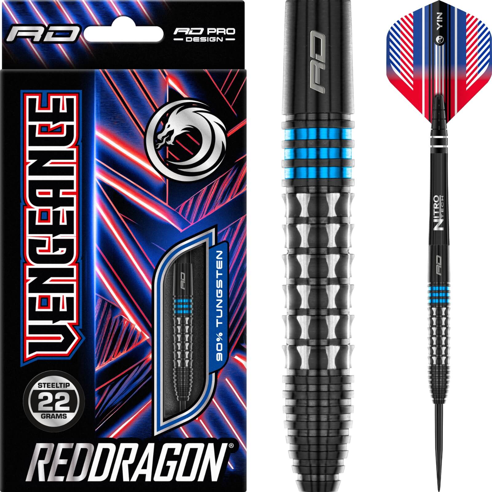 Darts - Red Dragon - Vengeance Blue Darts - Steel Tip - 90% Tungsten - 22g 24g 