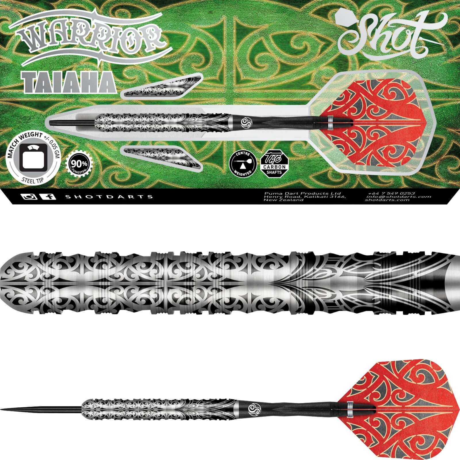 Darts - Shot - Warrior Taiaha Darts - Steel Tip - 90% Tungsten - 21g 23g 24g 26g 28g 30g 