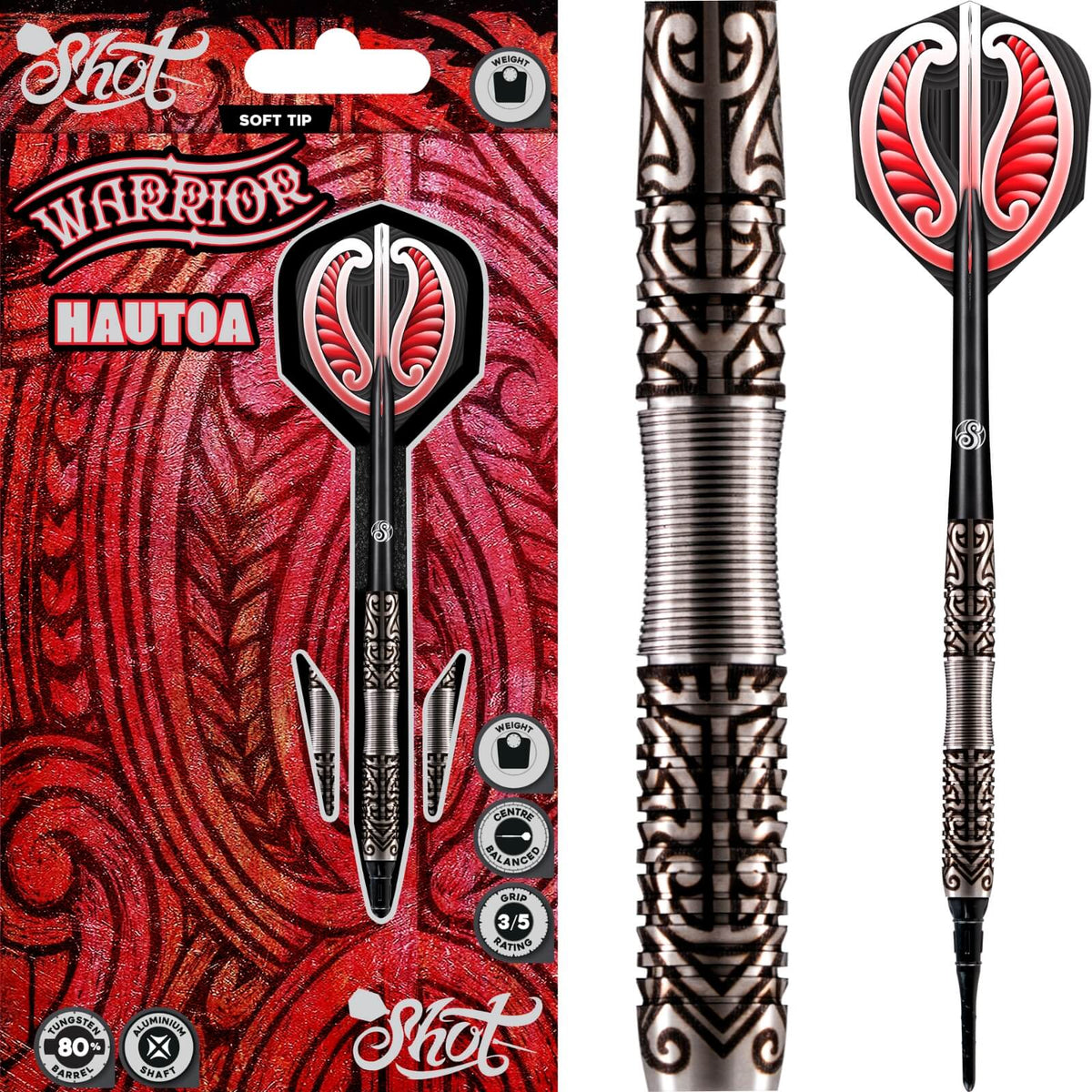Shot - Warrior Hautoa Darts - Soft Tip - 80% Tungsten - 18g 20g