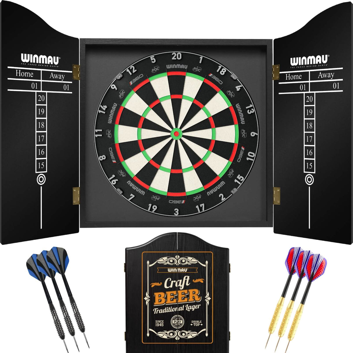 Winmau - Blade 360 Triple Core Dartboard & Cabinet Ready to Play Bundle - Craft Beer