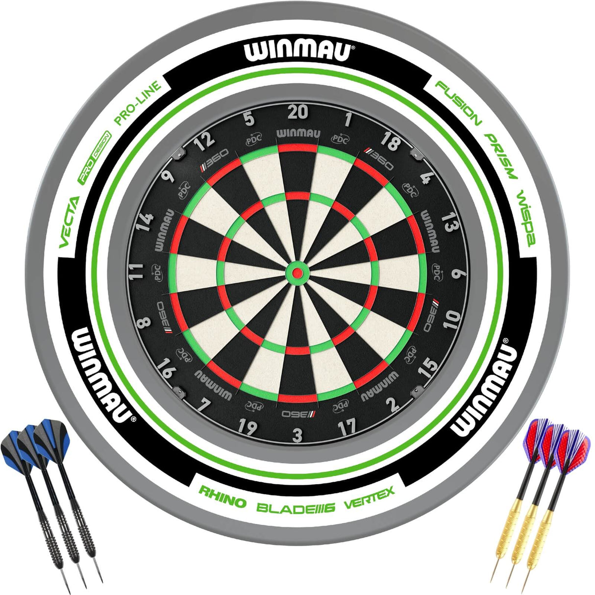 Winmau - Blade 360 Triple Core Dartboard & Advance Surround Ready to Play Bundle - White & Green