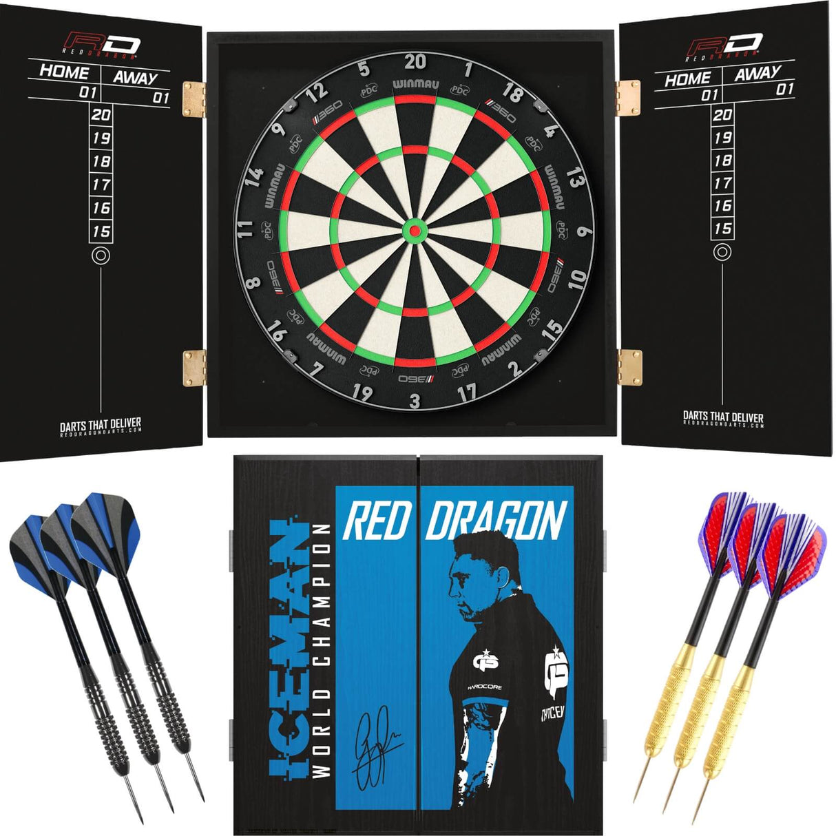 Winmau - Blade 360 Triple Core Dartboard & Player Edition Cabinet Ready to Play Bundle - Gerwyn Price