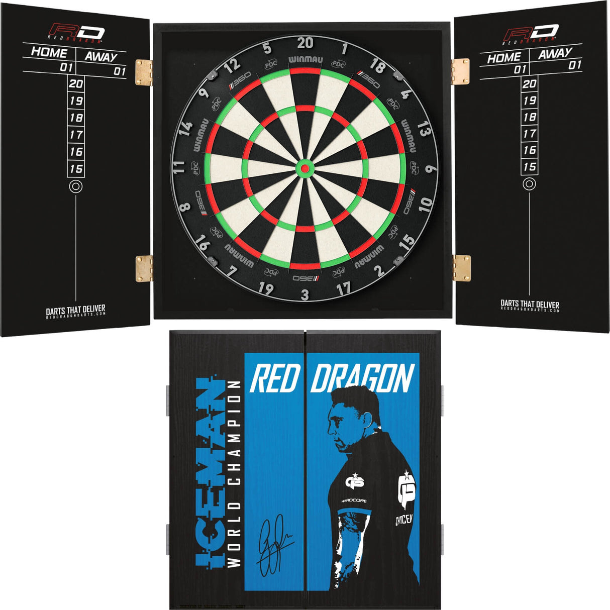 Winmau - Blade 360 Triple Core Dartboard & Player Edition Cabinet Bundle - Gerwyn Price