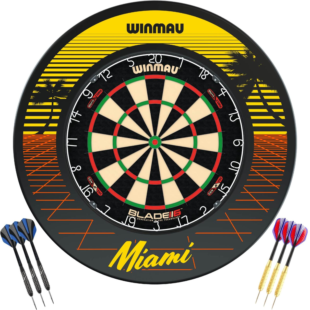 Winmau - Blade 6 Dual Core Dartboard & Surround Ready to Play Bundle - Miami