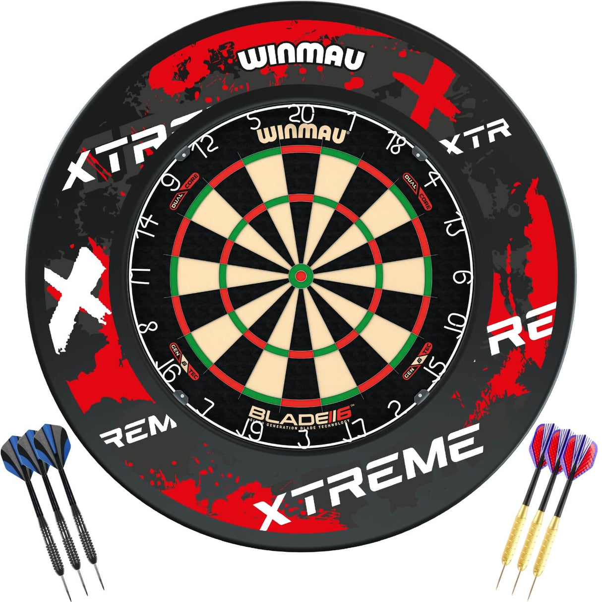 Winmau - Blade 6 Dual Core Dartboard & Surround Ready to Play Bundle - Xtreme Red