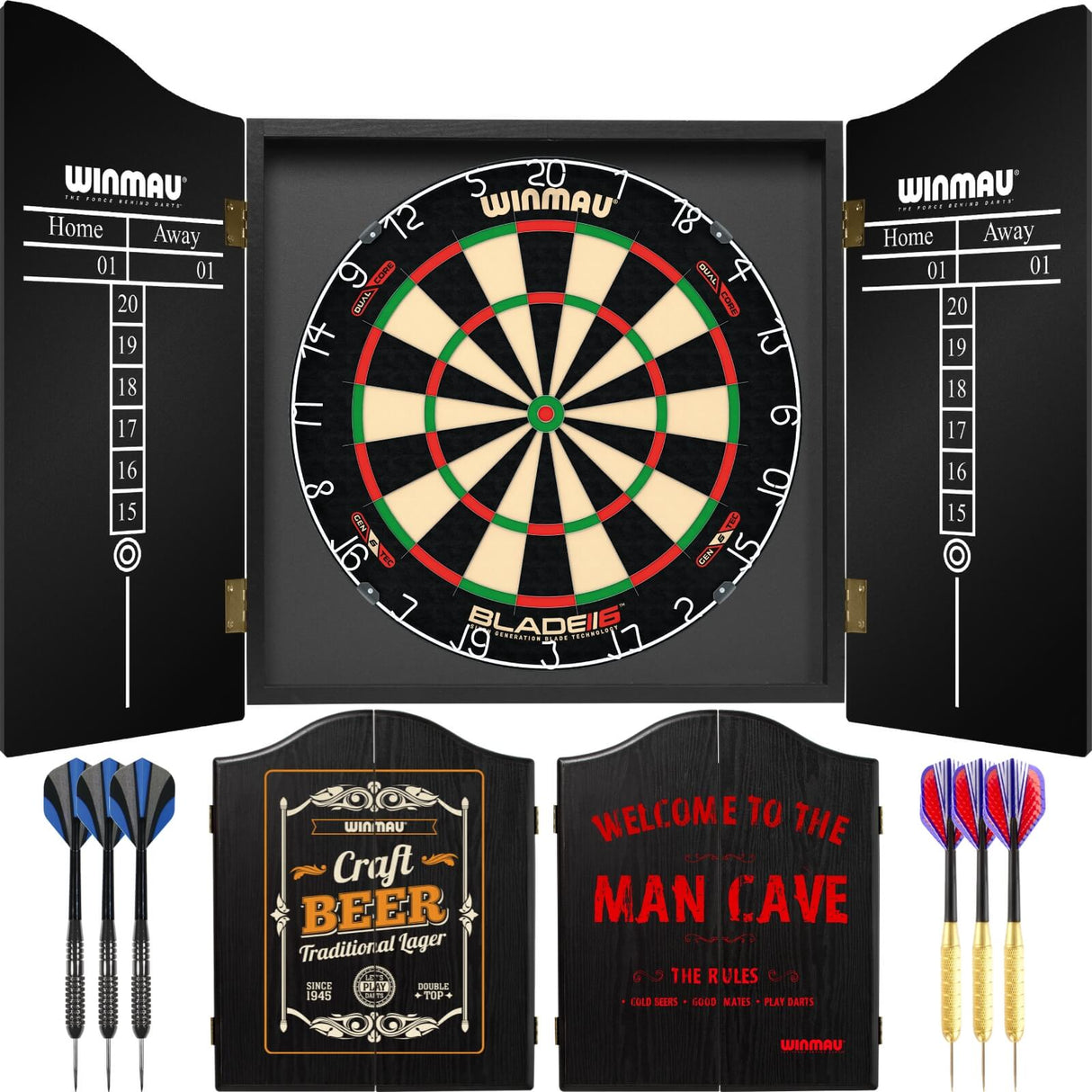 Winmau - Blade 6 Dual Core Dartboard & Cabinet Ready to Play Bundle -