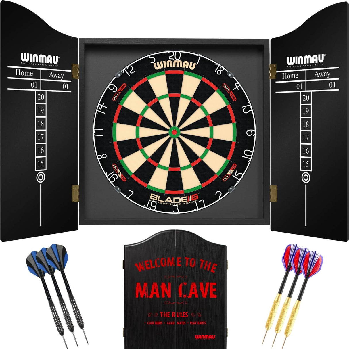 Winmau - Blade 6 Dual Core Dartboard & Cabinet Ready to Play Bundle - Man Cave