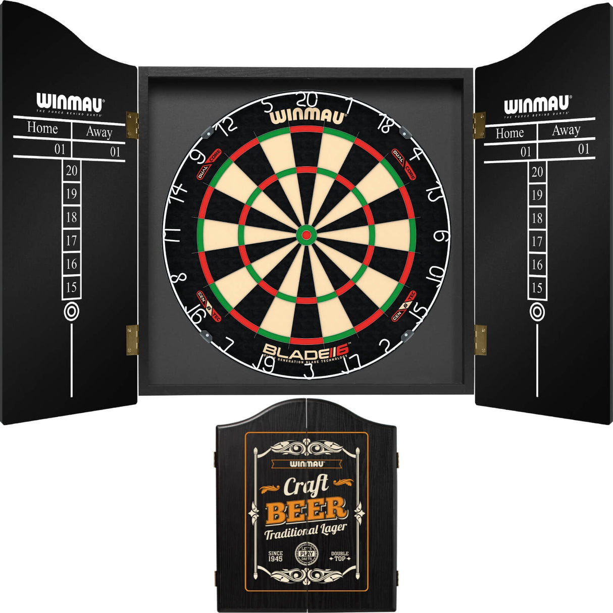 Winmau - Blade 6 Dual Core Dartboard & Cabinet Bundle - Craft Beer