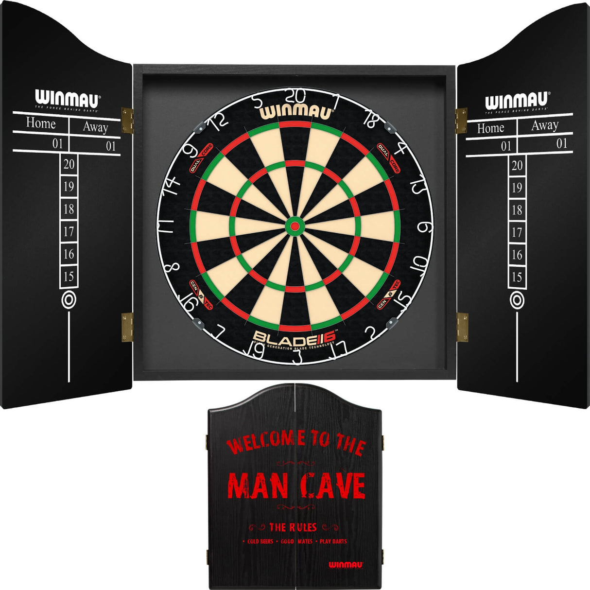 Winmau - Blade 6 Dual Core Dartboard & Cabinet Bundle - Man Cave